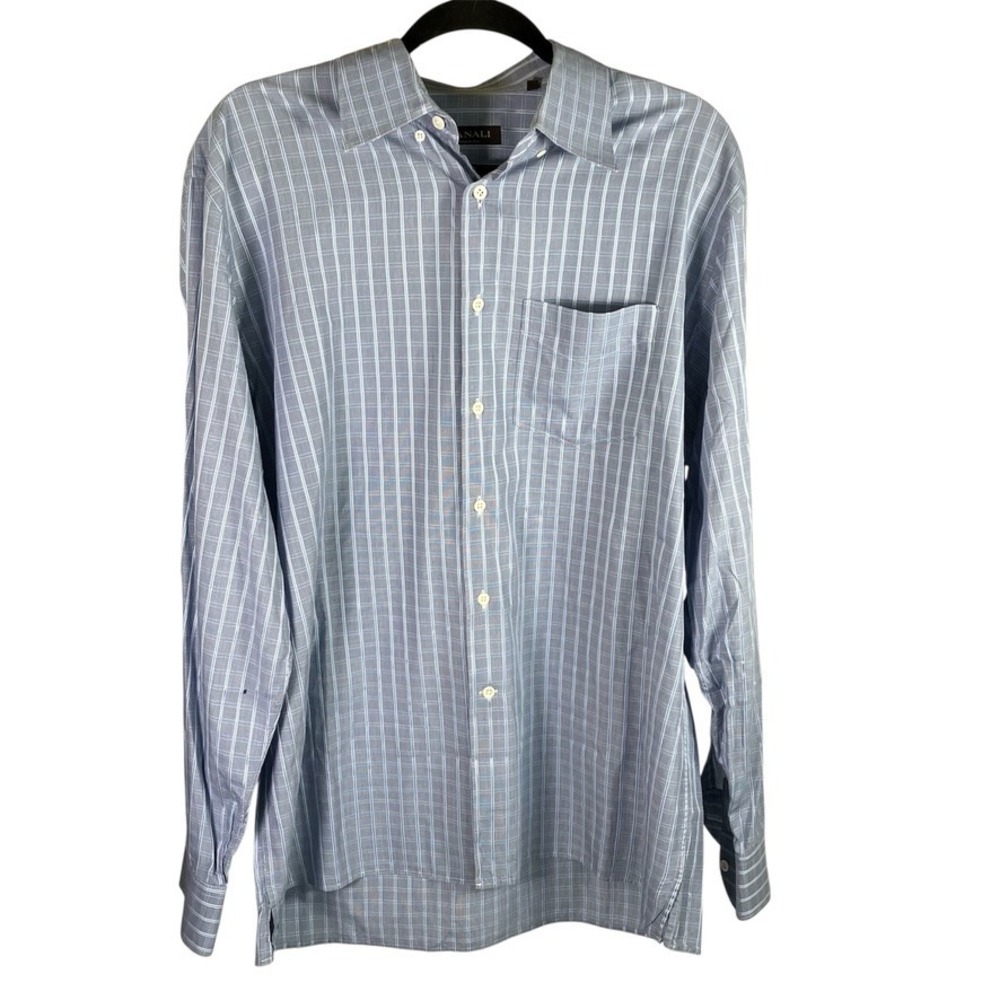 Canali Made‎ In Italy XL Mens Blue Plaid 100% Cotton Dress Shirt Long Sleeve